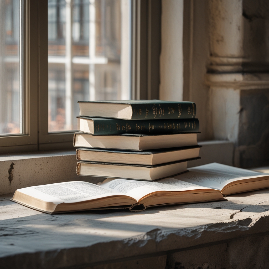 Stack of open books about movement and anatomy on a light stone surface, soft window light, minimalist educational still life