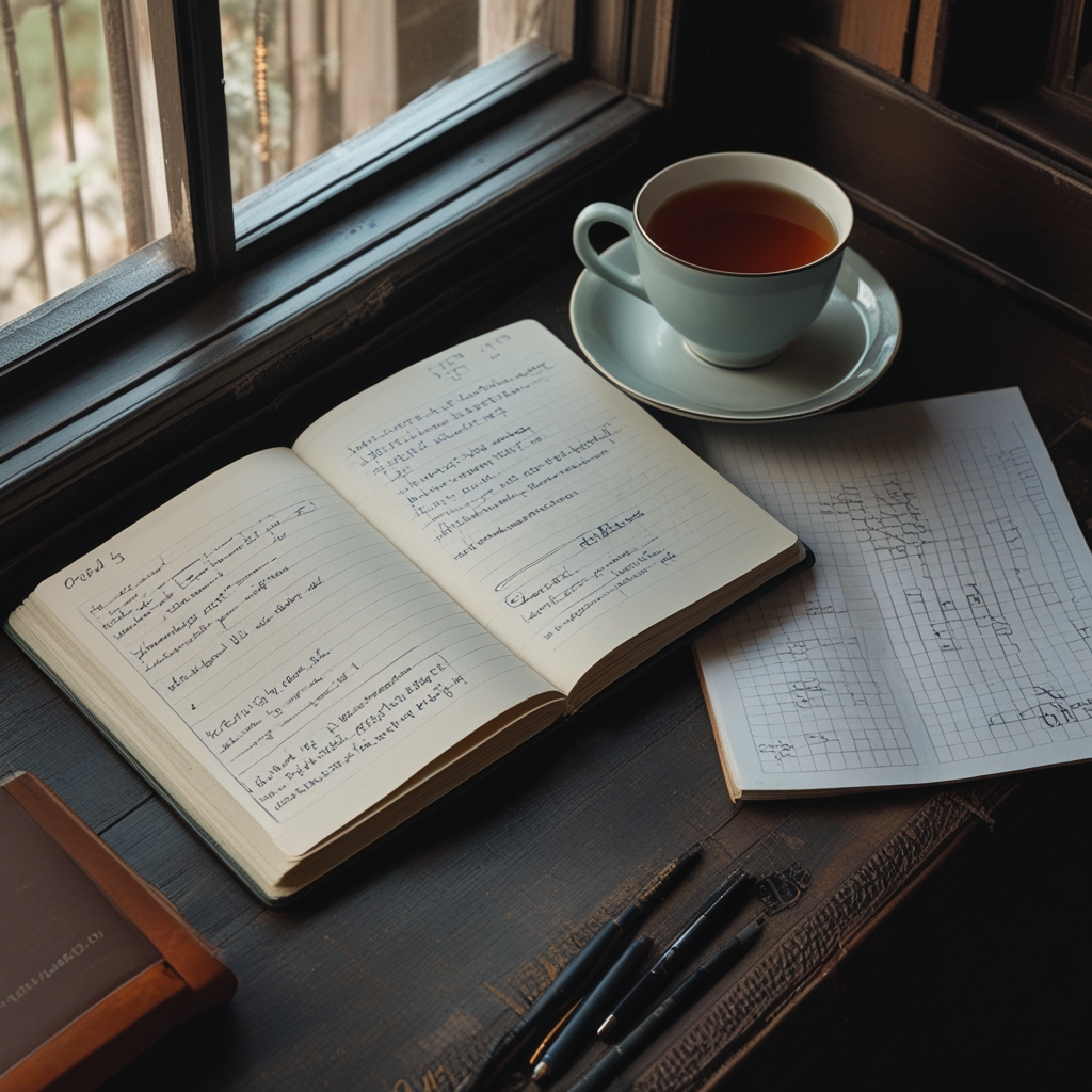 Open research notebook with handwritten notes beside a cup of black tea on a dark wooden desk, moody atmospheric interior lighting