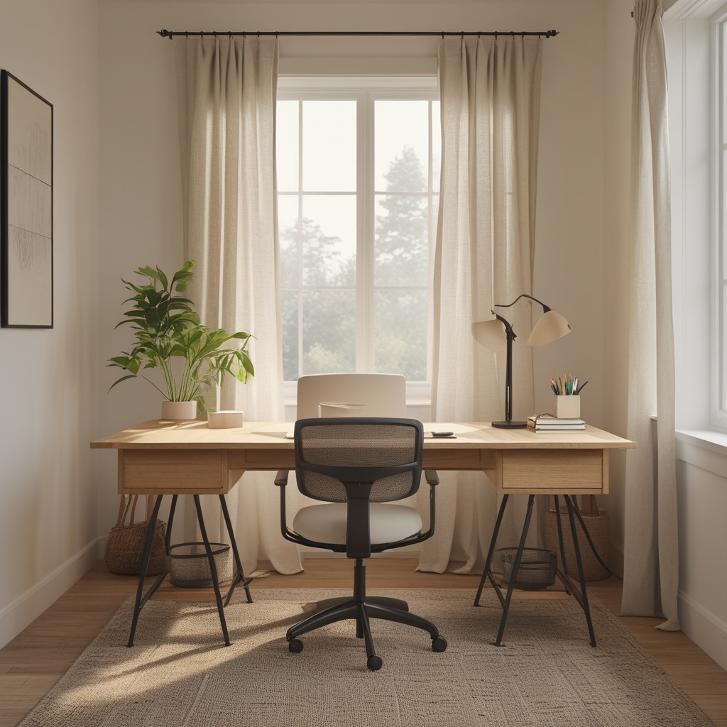 Tidy minimalist home office desk with natural wood surface, ergonomic chair, soft morning light through linen curtains, no people, calm organized workspace
